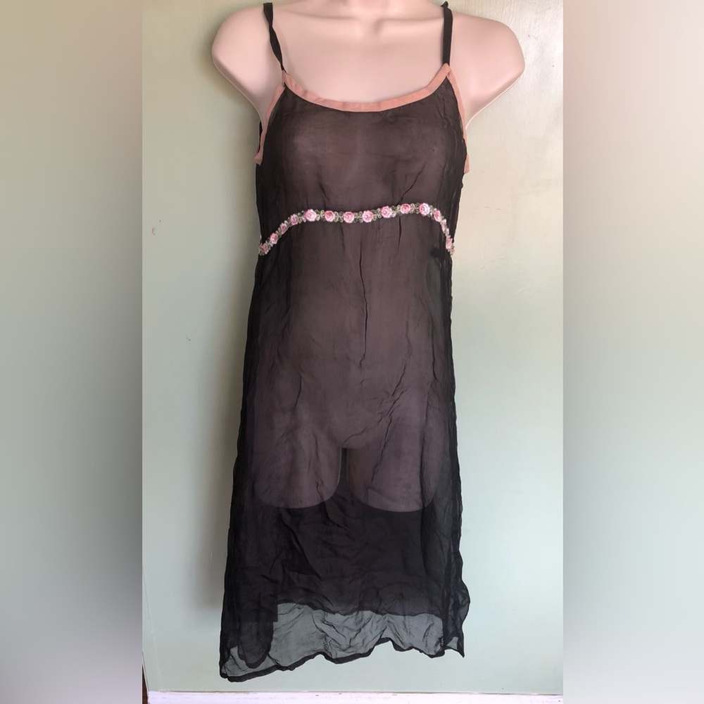 Venetia Elaine Australia Womens Night Gown Sheer Silk Black Pink Roses Baby Doll